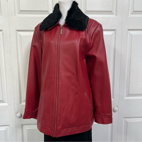 Burgundy Red Genuine Leather Jacket Coat Size XL Removable Fur Colour - Picture 1 of 14